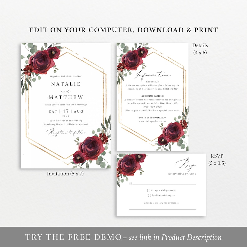 Wedding Invitation Template Set, Elegant Burgundy Floral, Editable Invitation Suite Printable, RSVP, Details Card, Templett INSTANT Download image 4