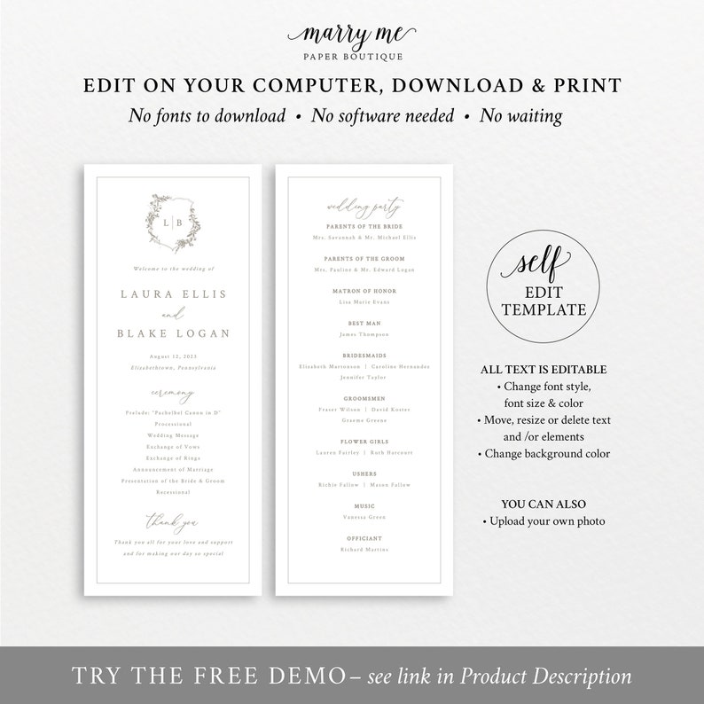 Printable Wedding Program Template Templett INSTANT Download Botanical Crest Elegant Wedding Ceremony Program Fully Editable