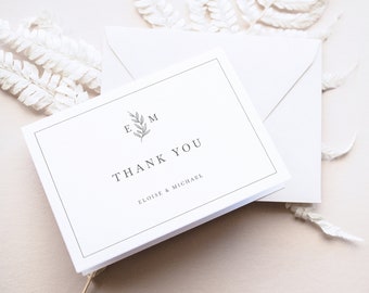 Thank You Card Template, Leaf Monogram Border, Wedding Monogram, Folding Thank You, Printable, Editable, Templett INSTANT Download