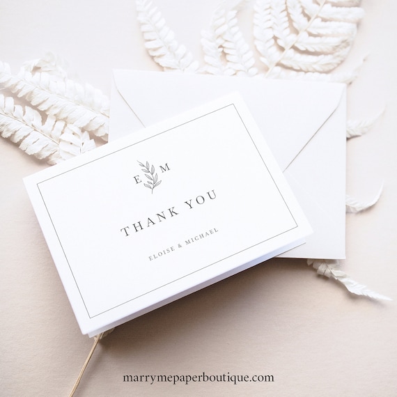 Thank You Card Template, Leaf Monogram Border, Wedding Monogram, Folding Thank You, Printable, Editable, Templett INSTANT Download