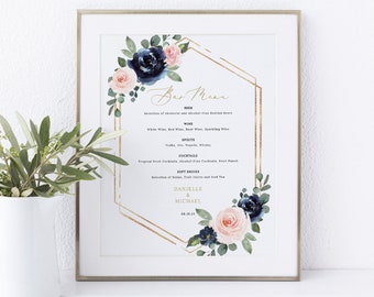 Bar Menu Template, Navy & Blush Floral, Wedding Drinks Menu Printable, Editable Wedding Bar Menu, Templett INSTANT Download