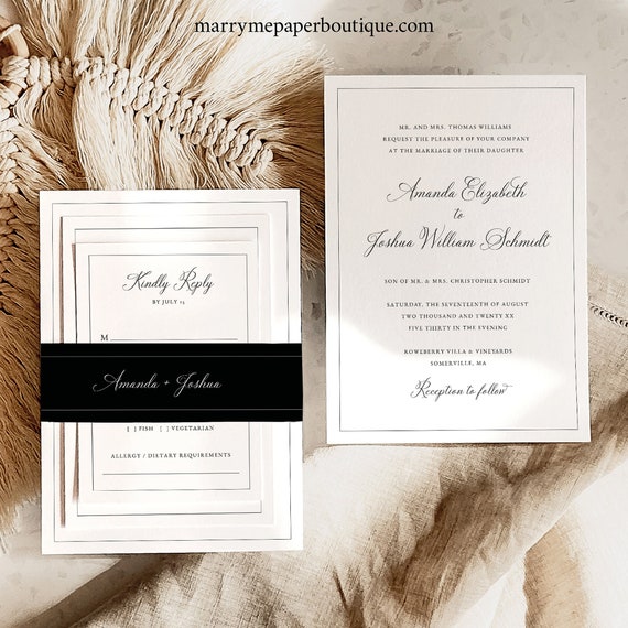 Wedding Invitation Template Suite, Calligraphy Design, RSVP, Details Card, Belly Band, Editable, Printable, Templett INSTANT Download