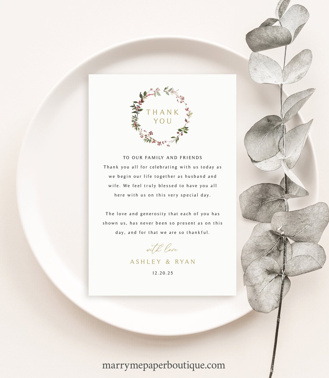 Thank You Note Template, Elegant Winter Wreath, Editable Christmas ...