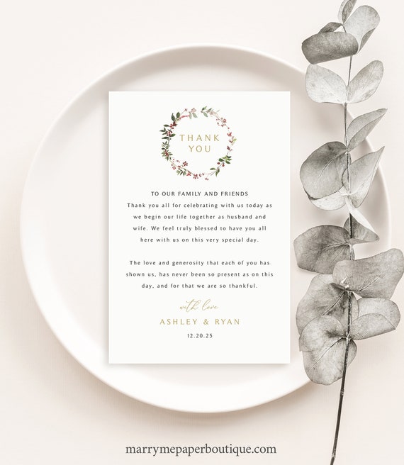 Thank You Note Template, Elegant Winter Wreath, Editable Christmas Wedding Guest Thank You Letter, Printable, 4x6, Templett INSTANT Download