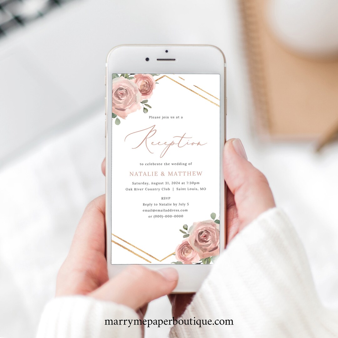 Electronic Wedding Reception Invitation Template, Dusky Pink Floral ...