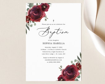 Baptism Invitation Template, Elegant Burgundy Floral, Editable Burgundy Flowers Baptism Invite, Printable, Templett INSTANT Download