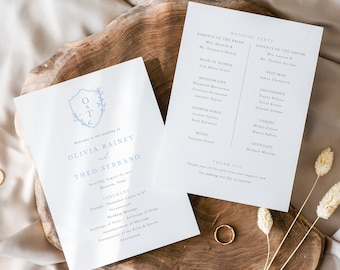 Wedding Program Template, Light Blue Crest & Monogram, Printable, Crest Wedding Ceremony Program, Editable, 5x7, Templett INSTANT Download