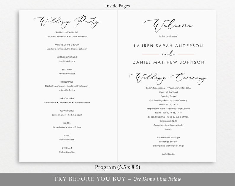 TRY BEFORE You BUY Instant Download 100/% Editable Pink /& Blush Floral Catholic Ceremony Program Printable Wedding Program Template
