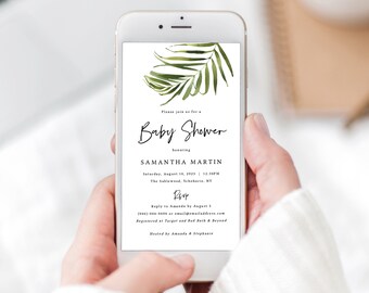 Tropical Baby Shower Text Invitation Template, Greenery Electronic Shower Text Invite, Templett Editable, Instant Download