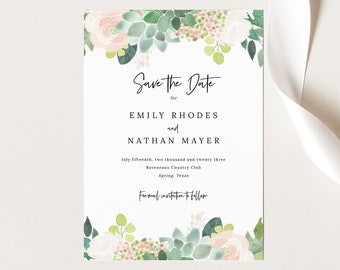 Succulent Floral Save the Date Card Template, Greenery Save Our Date, Printable, INSTANT Download, Templett, Editable