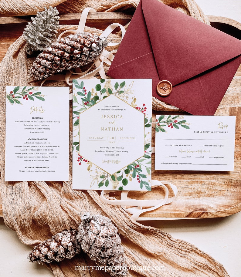 Winter Berry Invitation Template Set, Christmas Wedding Invitation Printable, Details & RSVP, Editable Templett, Instant Download image 3