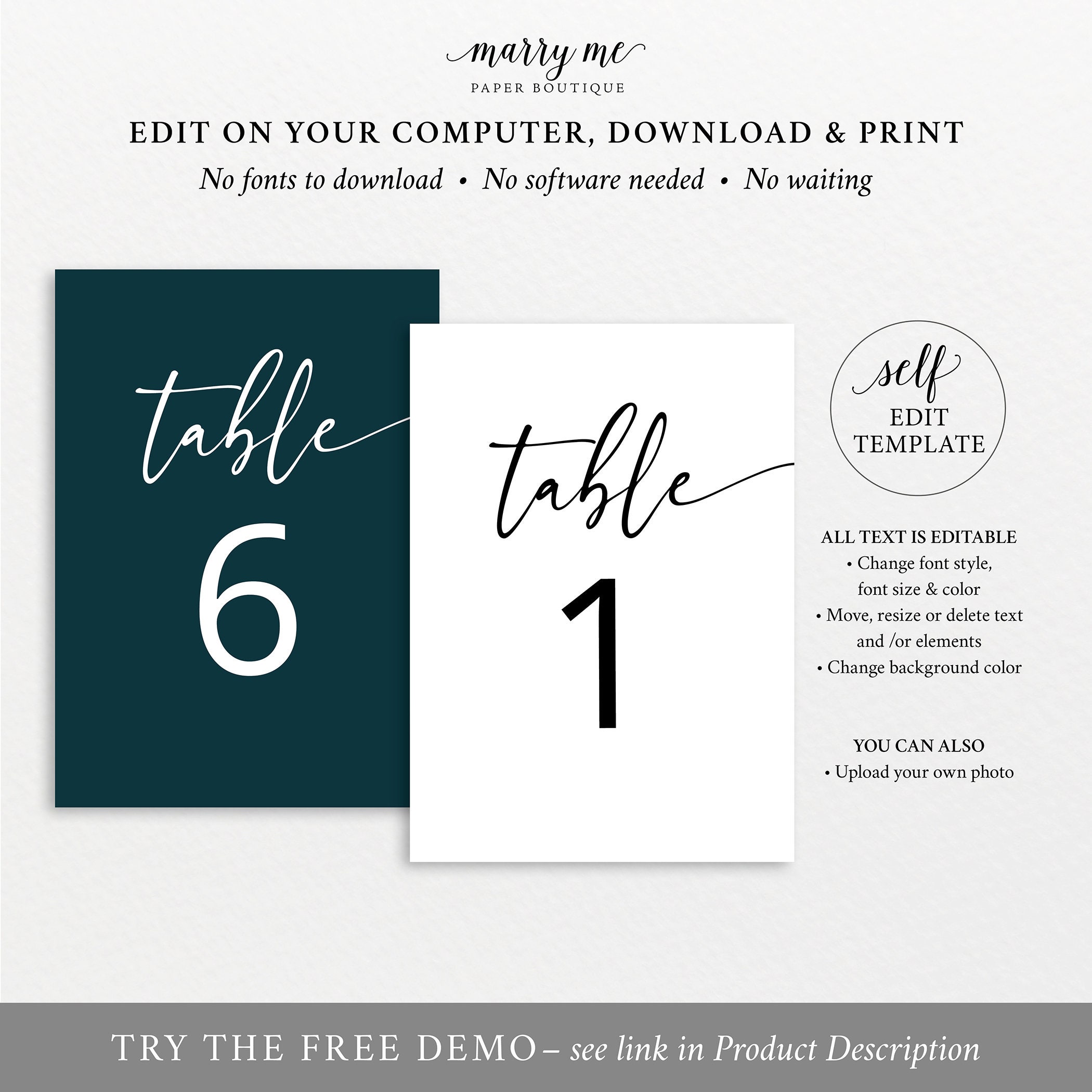 Table Number Sign Template, Modern Calligraphy, Instant Download