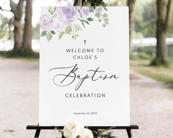 Baptism Welcome Sign Template, Mauve & Lilac Floral, Editable Instant Download, Try Before Purchase