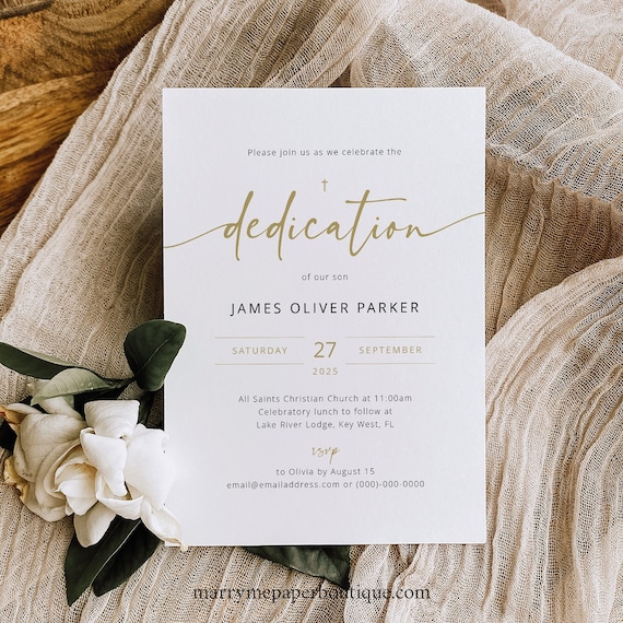 Dedication Invitation Template, Gold Modern Script, Printable, Editable, Gold Dedication Ceremony Invitation, Templett INSTANT Download