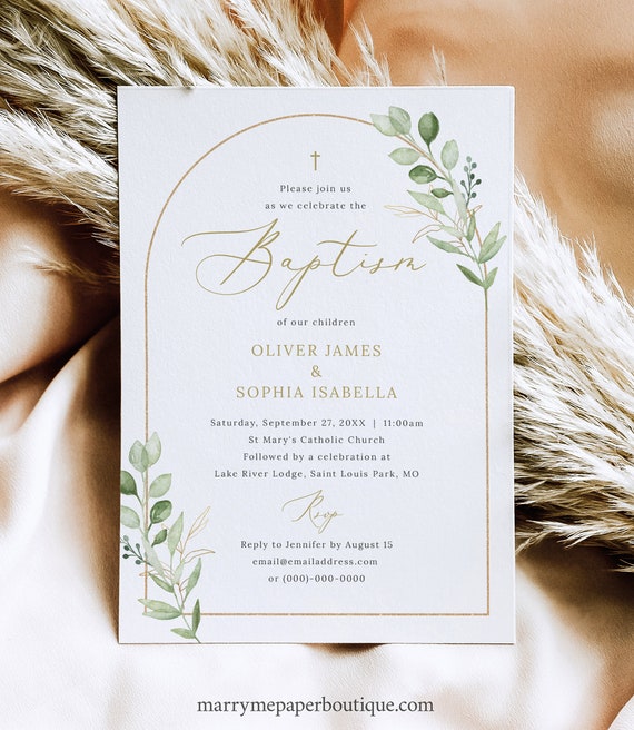 Twins Baptism Invitation Template, Greenery Arch, Editable, Greenery Twin Baptism Invitation Card Template, 5x7, Templett INSTANT Download