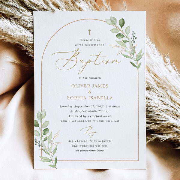 Twins Baptism Invitation Template, Greenery Arch, Editable, Greenery Twin Baptism Invitation Card Template, 5x7, Templett INSTANT Download