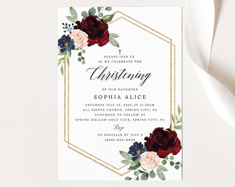 Christening Invitation Template, Burgundy Navy, Editable Printable Instant Download, Demo Available, Templett