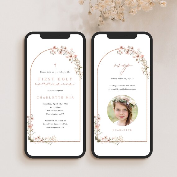 First Communion Text Invitation Template with RSVP, Rustic Pink Flowers Arch, Digital First Holy Communion Invite, Templett INSTANT Download