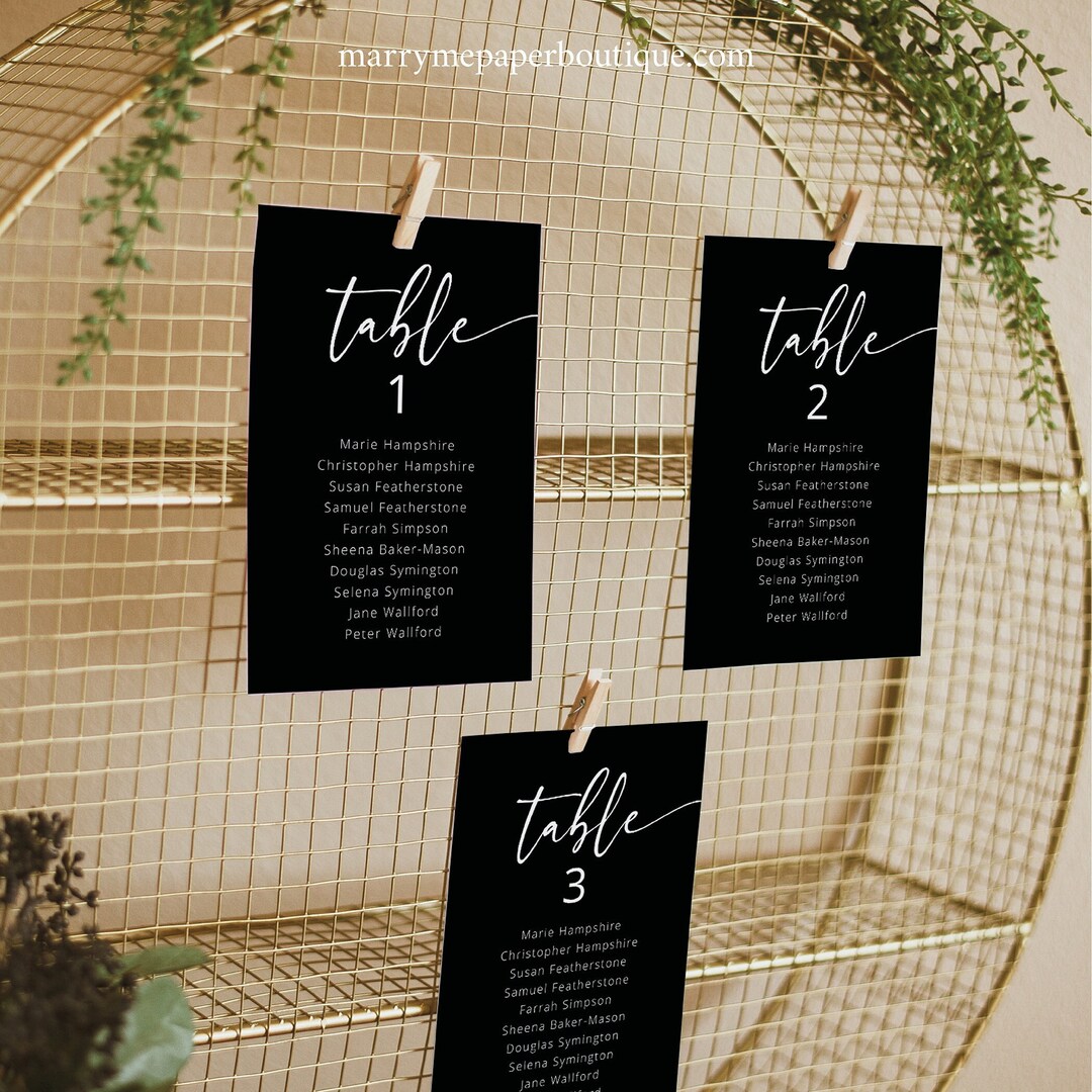 Seating Chart Cards Template, Modern Script Black Background, Editable ...