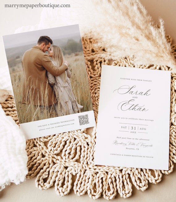 Wedding Invitation Template, Photo Card, Calligraphy Design, Editable, QR Code, Photo Wedding Invitation, 5x7, Templett INSTANT Download