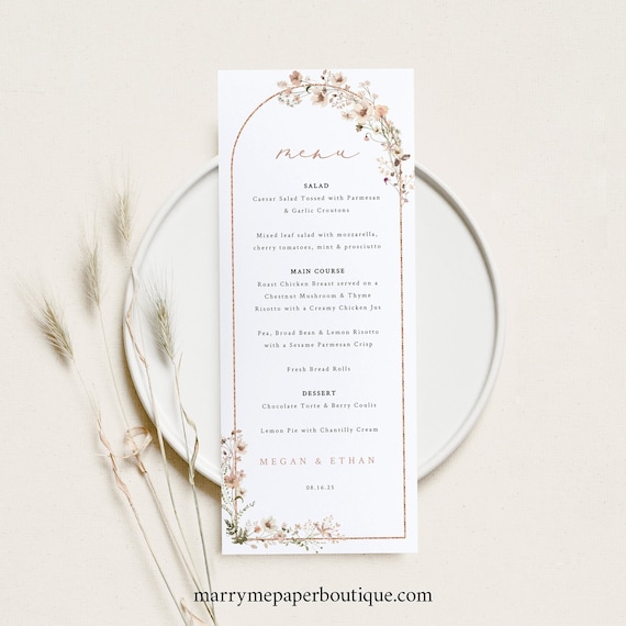 Wedding Menu Template, Rustic Pink Flowers Arch, Printable, Editable, Elegant Wedding Table Menu Card, Long Menu, Templett INSTANT Download