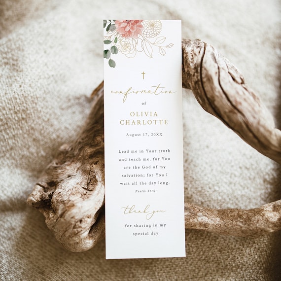 Confirmation Bookmark Template, Blush & Gold Flowers, 2x6, Blush Floral Confirmation Ceremony Bookmark, Editable, Templett INSTANT Download