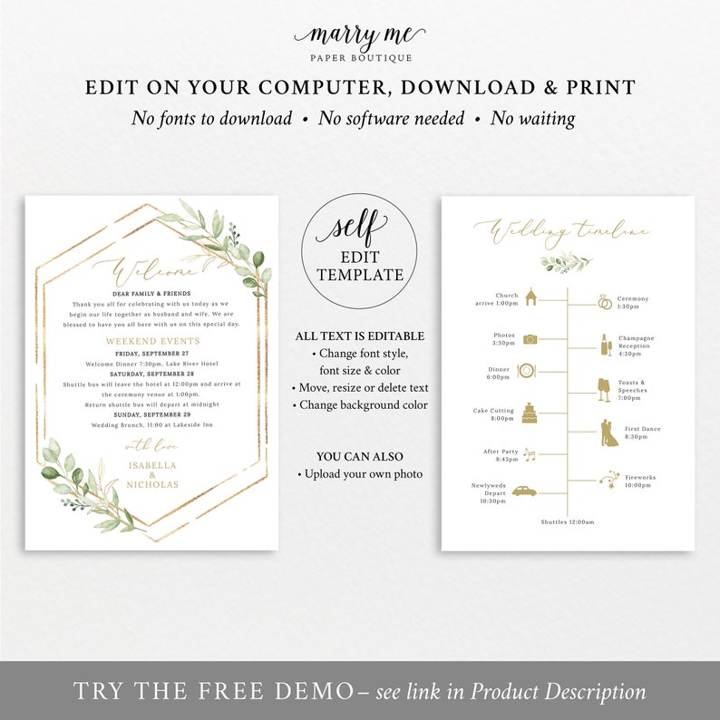 Wedding Itinerary Card Template Editable &amp; Printable Instant | Etsy