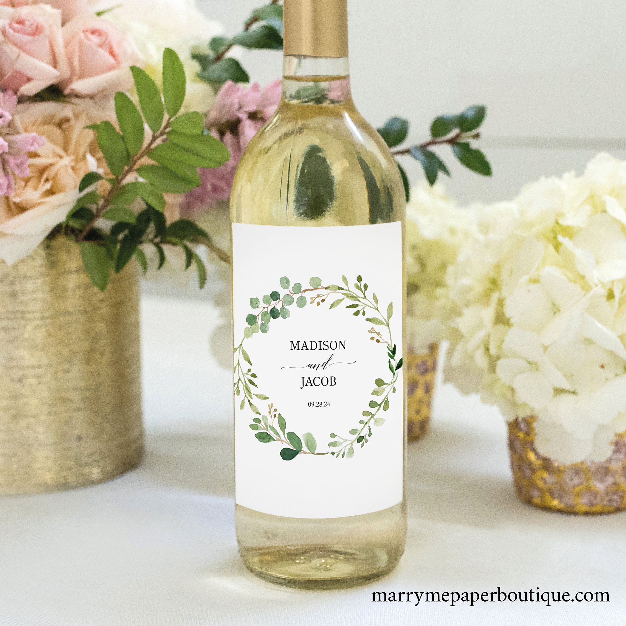Editable wine bottle label Greenery Wedding Wine Bottle Label Green and gold,Digital download printable printable Label,Vines and leaves