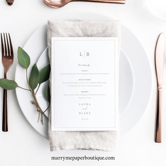 Wedding Menu Card Template, Monogram & Border, Elegant Wedding Table Menu, Wedding Monogram, Printable, Editable, Templett INSTANT Download