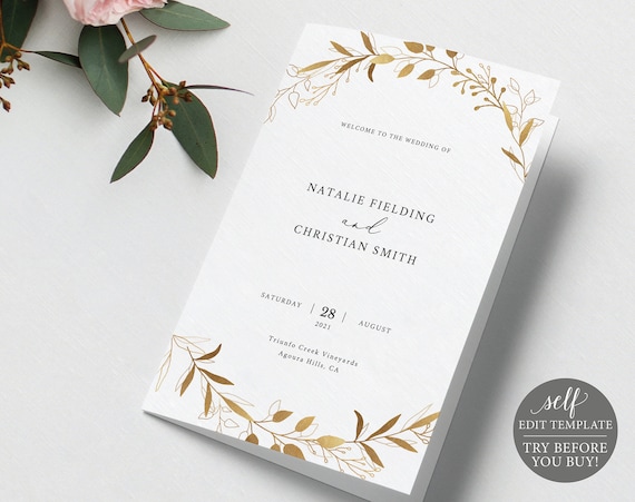 Catholic Wedding Program Template, Gold Wreath, Folded,  Editable Instant Download, TRY BEFORE You BUY