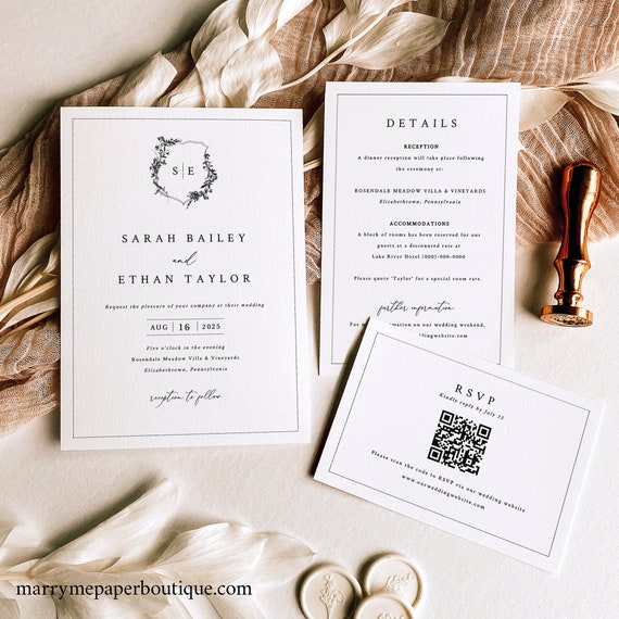 Wedding Invitation Template Set, Minimalist Wedding Crest, QR Code RSVP, Details, Printable, Editable Invitations, Templett INSTANT Download