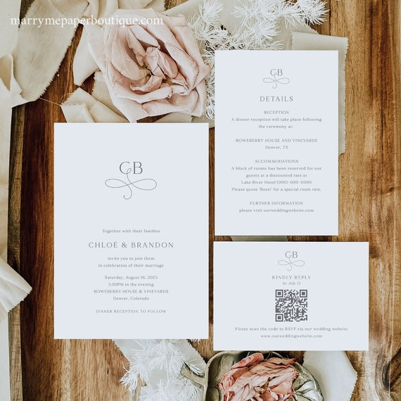 Wedding Invitation Templates, Elegant Monogram, QR Code RSVP Card, Printable Wedding Invitations, Templett INSTANT Download, Editable