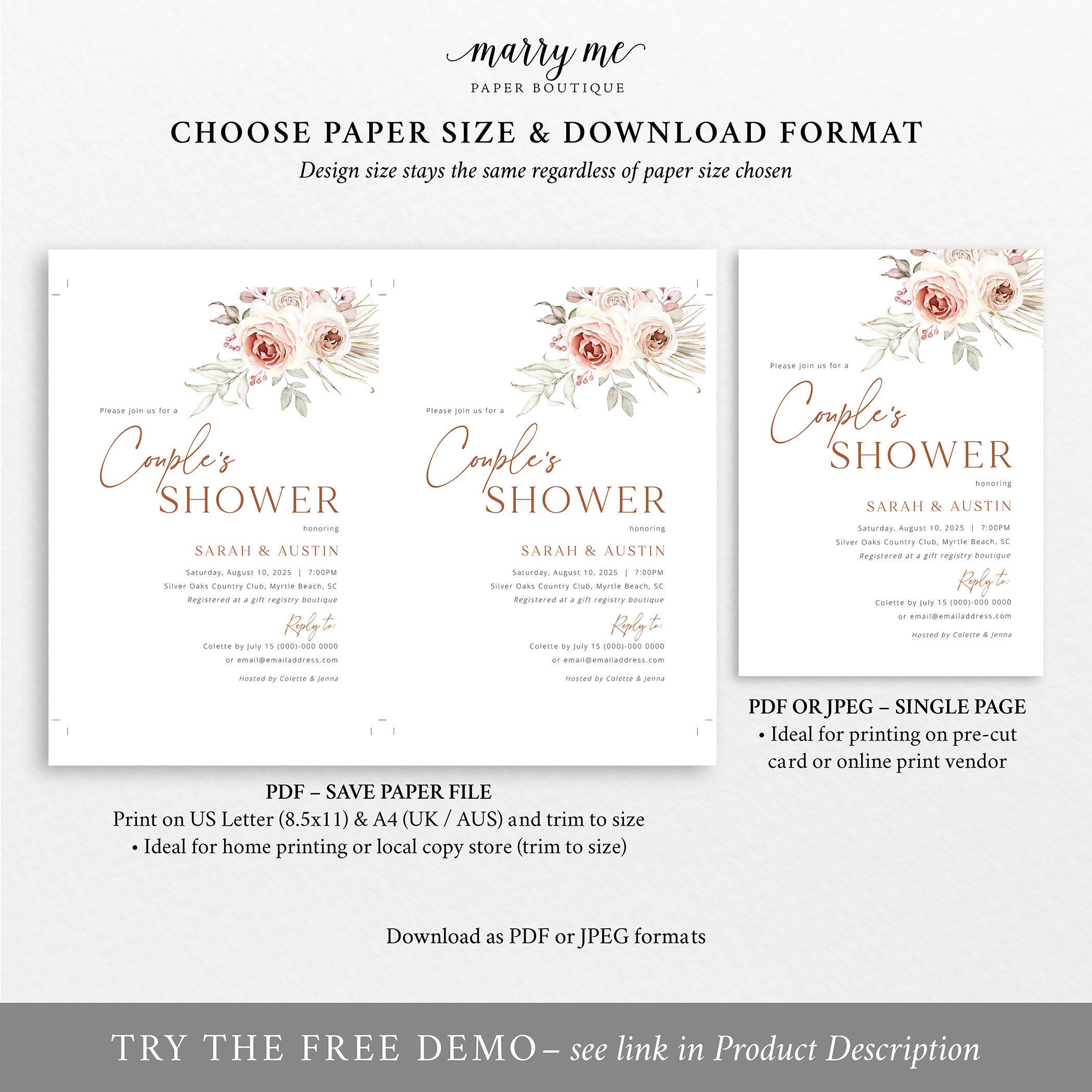 Couples Shower Invitation Template, Elegant Floral Boho, Editable