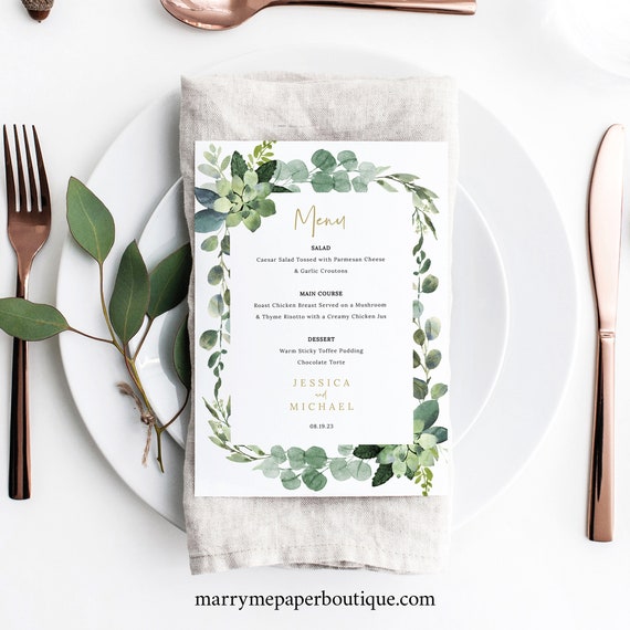 Wedding Menu Template, Lush Greenery, Dinner Menu Card, Printable, Templett INSTANT Download, Editable, Try Before You Buy