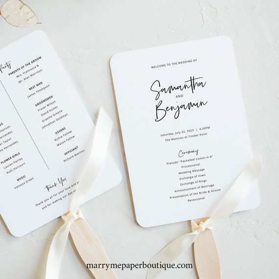 Minimalist Wedding Program Fan Template, Modern Calligraphy, Wedding Fan Program Printable, Editable, Templett INSTANT Download