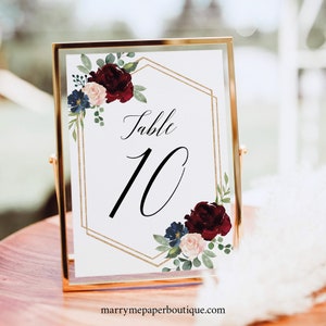 Table Number Sign Template, Demo Available, Templett Printable, Editable Instant Download, Burgundy Navy
