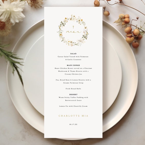 Wedding Menu Template, Rustic Summer Yellow Floral, Editable 4x9 Menu Card, Yellow Flower Wedding Table Menu Card, Templett INSTANT Download