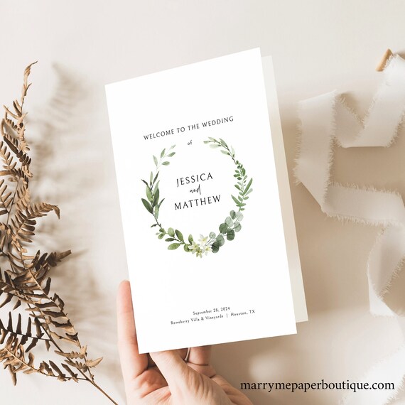 Wedding Program Template, Elegant Greenery, Editable, Folded Wedding Ceremony Program, Printable, Templett INSTANT Download,