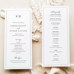 Wedding Program Template, Minimalist Wedding Monogram, Printable, Wedding Ceremony Program, Editable Tall Program, Templett INSTANT Download image 1