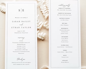 Wedding Program Template, Minimalist Wedding Monogram, Printable, Wedding Ceremony Program, Editable Tall Program, Templett INSTANT Download