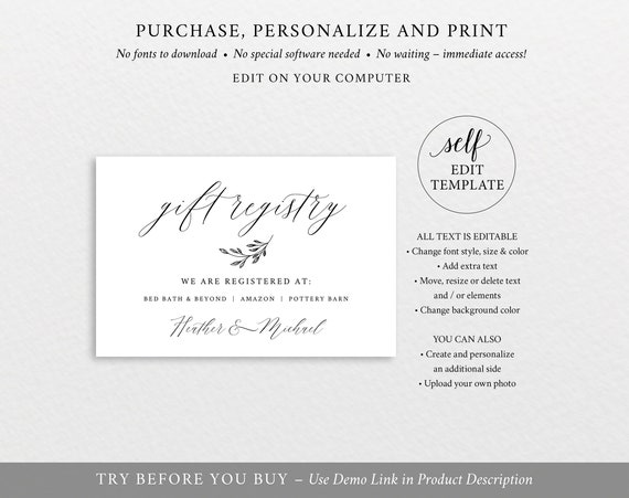 Wedding Registry Card Template Free Demo Available Printable Etsy