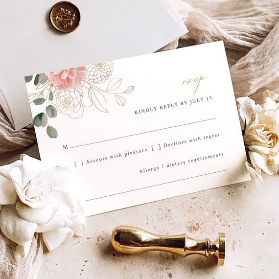 RSVP Card Template, Blush & Gold Flowers, Editable, Wedding Reply Card, Bridal Shower RSVP Card Template, Templett INSTANT Download