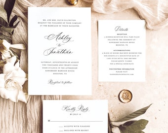 Wedding Invitation Template Suite, Elegant Classic Calligraphy, Printable Wedding Invitation Set, Editable, Templett INSTANT Download
