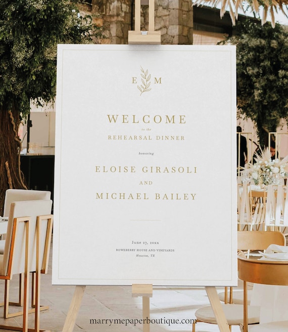 Rehearsal Dinner Welcome Sign Template, Leaf Monogram Gold, Gold Rehearsal Welcome Sign, Printable, Editable, Templett INSTANT Download