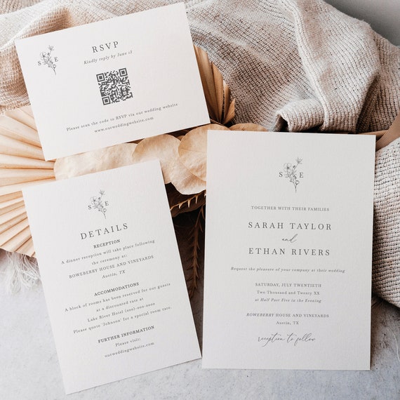 Wedding Invitation Template Suite, Floral Wedding Monogram, Wedding Invite, QR Code RSVP, Details, Editable, Templett INSTANT Download