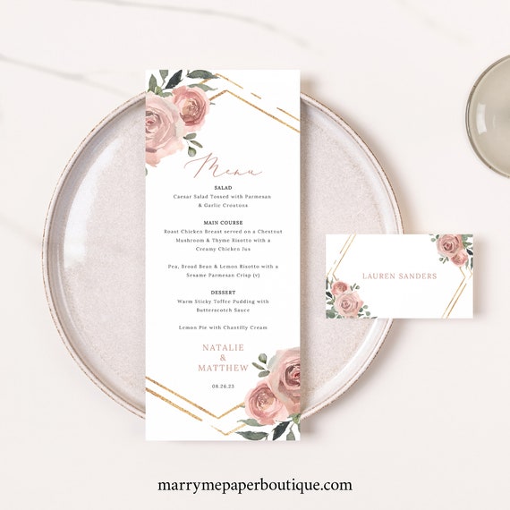 Wedding Menu With Name Card Template, Dusky Pink Floral, Editable Wedding Table Menu Card, Printable, Templett INSTANT Download