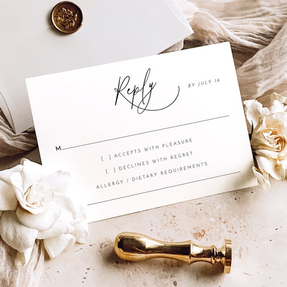 RSVP Card Template, Pretty Calligraphy, Editable, Caligraphy Wedding Reply Card, Calligraphy RSVP Card Template, Templett INSTANT Download