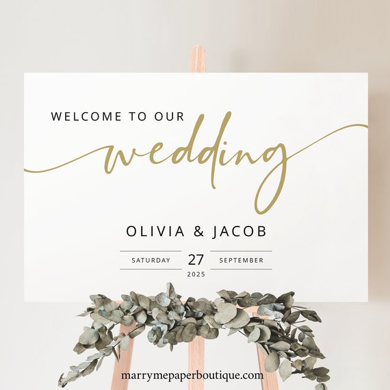 Wedding Welcome Sign, Gold, Modern Script, Welcome to Our Wedding Sign Template, Printable, Editable, Horizontal, Templett INSTANT Download