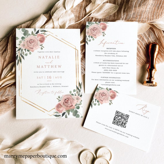 Wedding Invitation Template Set, Dusky Pink Floral, QR Code RSVP, Printable, Editable Pink Floral Wedding Invites, Templett INSTANT Download