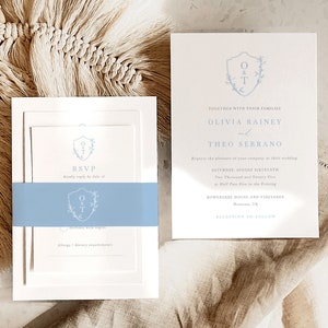 Wedding Invitation Template Set, Blue Wedding Crest & Monogram, Editable, RSVP, Details, Belly Band, Printable, Templett INSTANT Download